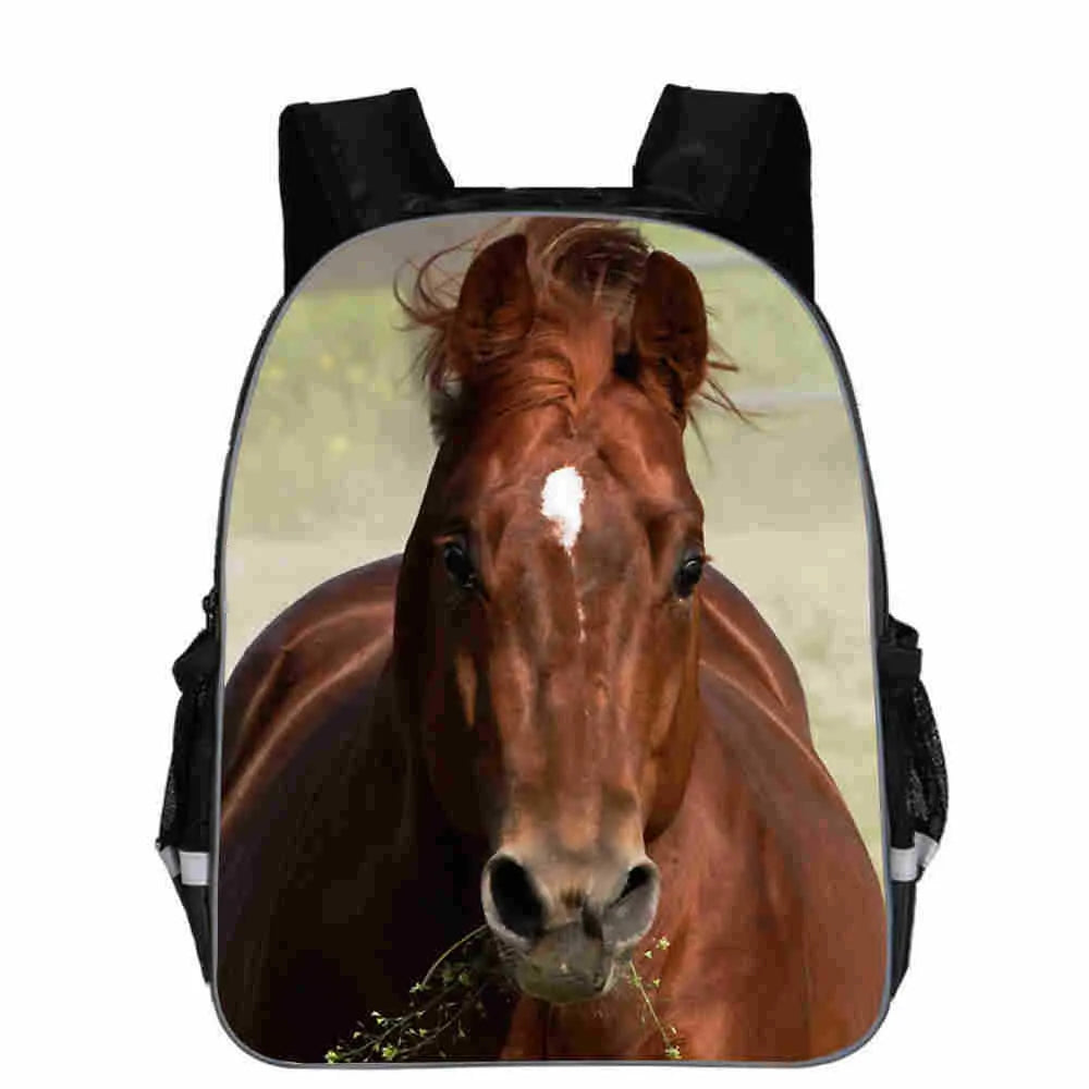 Cartoon horse animal head school backpack in multiple sizes with sandwich zipper bag organisation