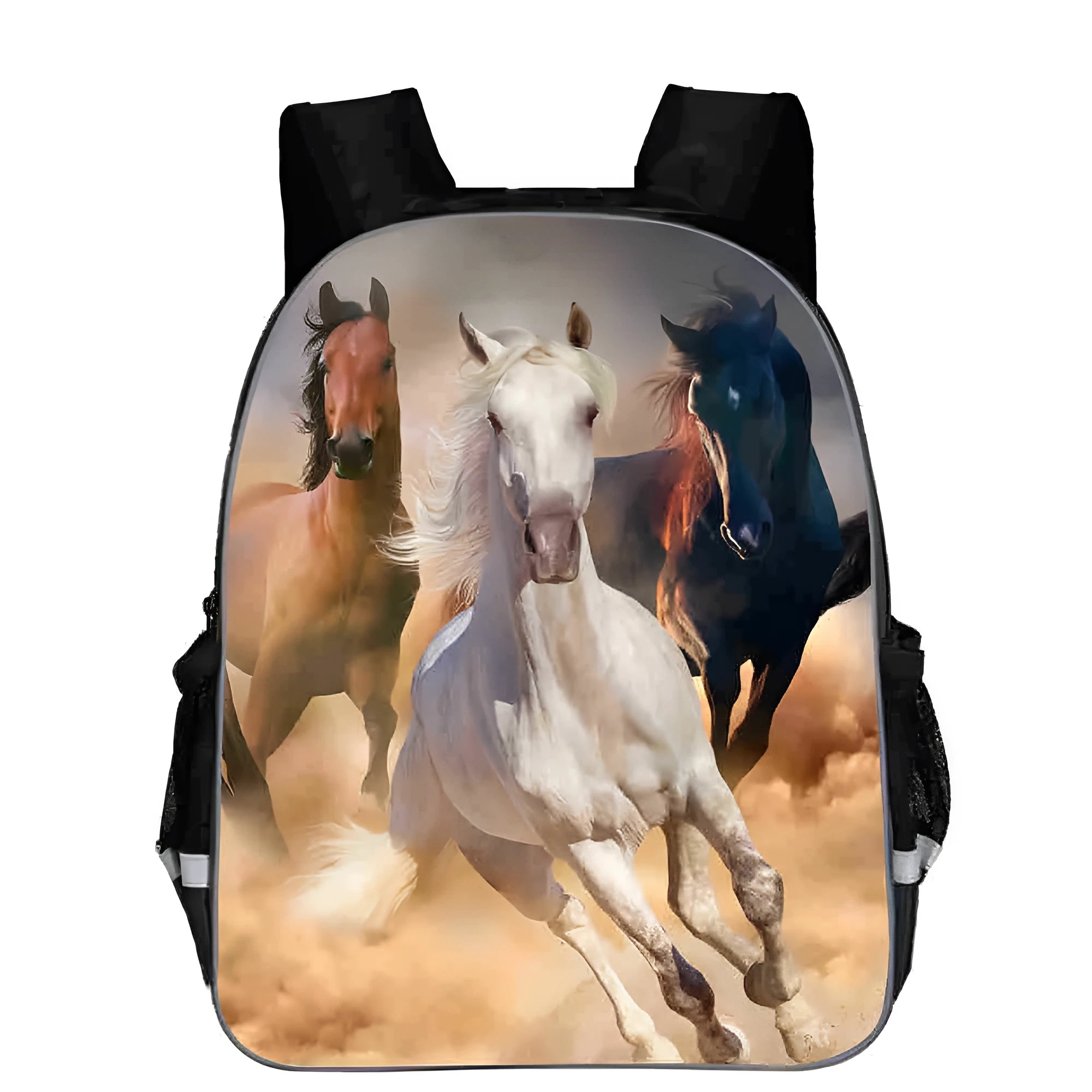 Cartoon horse animal head school backpack in multiple sizes with sandwich zipper bag organisation