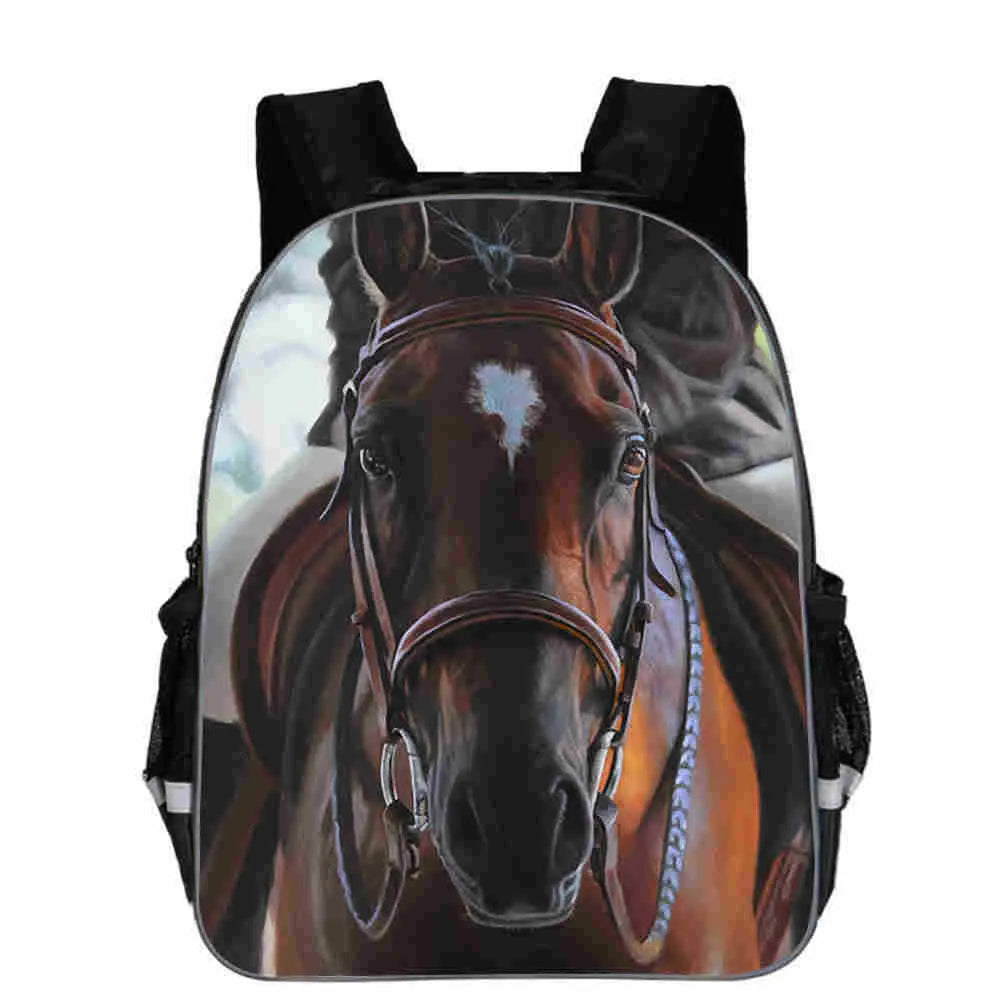 Cartoon horse animal head school backpack in multiple sizes with sandwich zipper bag organisation
