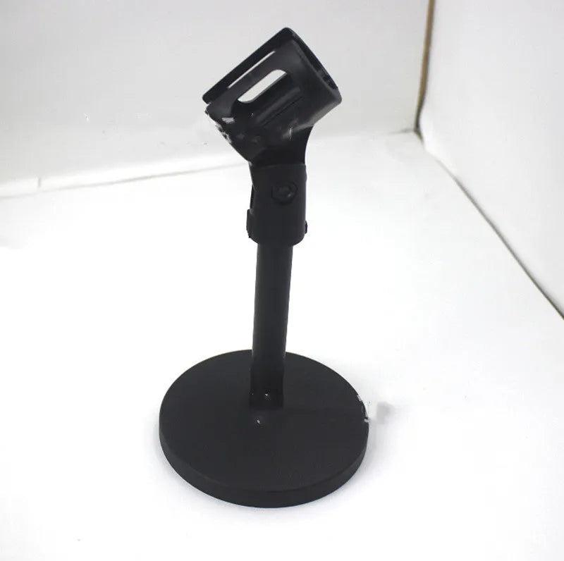 Black triangular metal desktop microphone bracket with 22cm fixed height support and plastic microphone clip