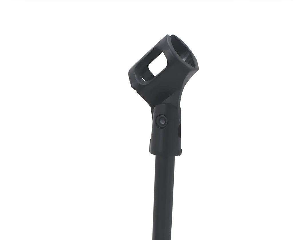 Black triangular metal desktop microphone bracket with 22cm fixed height support and plastic microphone clip