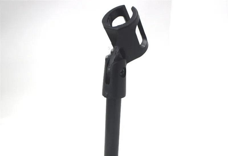 Black triangular metal desktop microphone bracket with 22cm fixed height support and plastic microphone clip