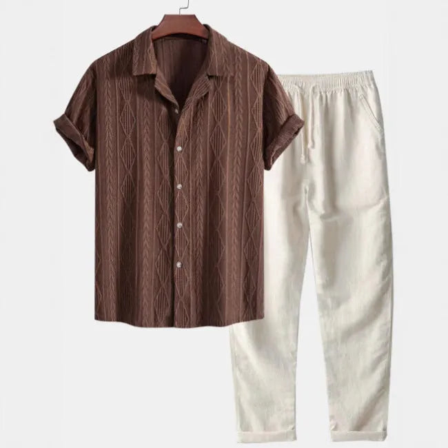 Linen polyester camouflage print shirt and trousers set in slim fit cardigan style