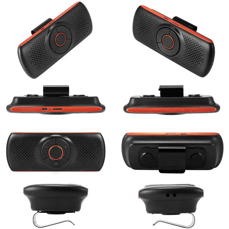 Orange plastic Bluetooth car hands-free speaker designed for sun visor mounting.