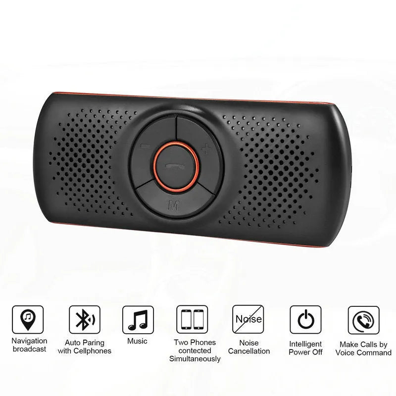 Orange plastic Bluetooth car hands-free speaker designed for sun visor mounting.