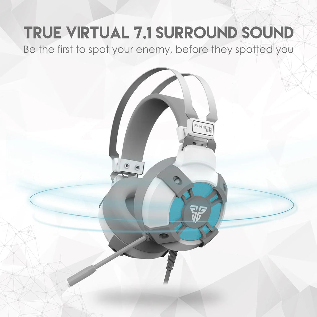 Black FANTECH HG11 over-ear gaming headset with RGB lighting on the earcups and a USB cable.
