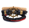 Adjustable punk-style leather bracelet with multilayer wooden beads and hand-woven design