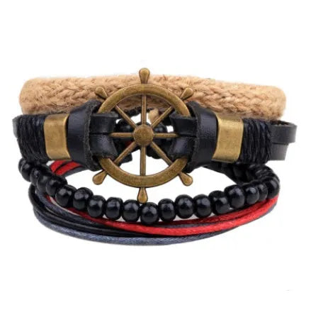 Adjustable punk-style leather bracelet with multilayer wooden beads and hand-woven design