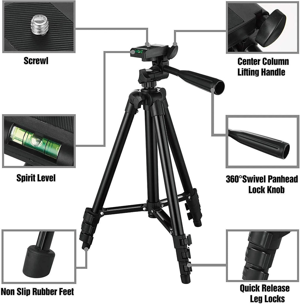 Black aluminium alloy camera tripod with 3D head fully extended to 102cm height