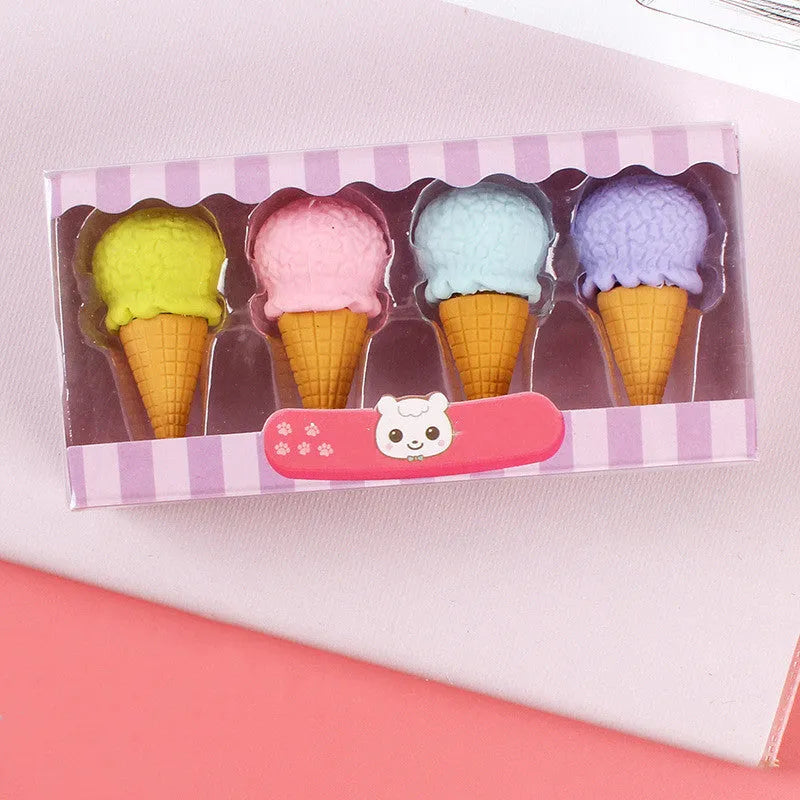 Pack of 12 cartoon erasers in ice cream, lollipop and donut shapes for kindergarten students
