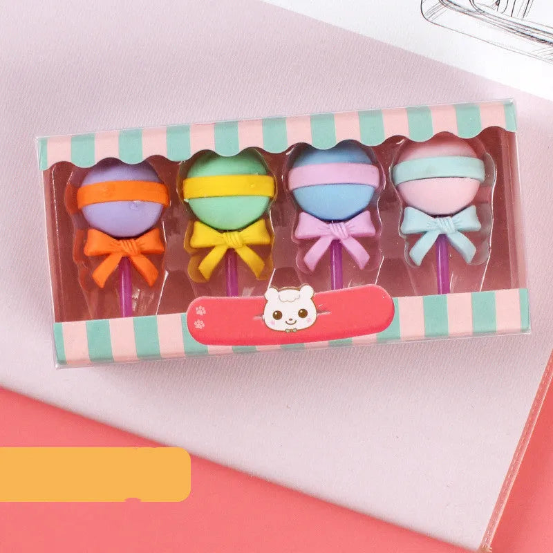 Pack of 12 cartoon erasers in ice cream, lollipop and donut shapes for kindergarten students