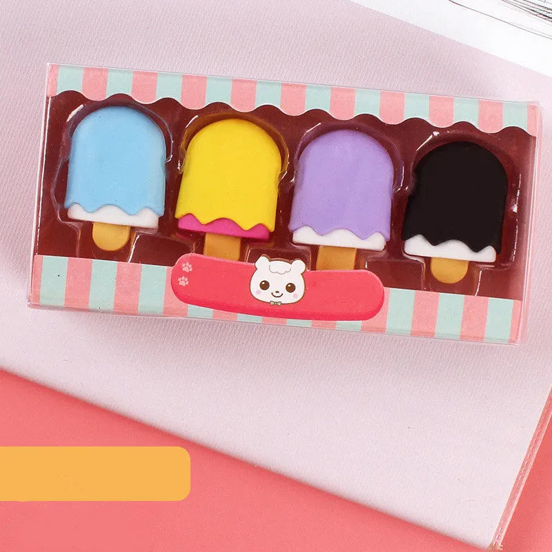 Pack of 12 cartoon erasers in ice cream, lollipop and donut shapes for kindergarten students