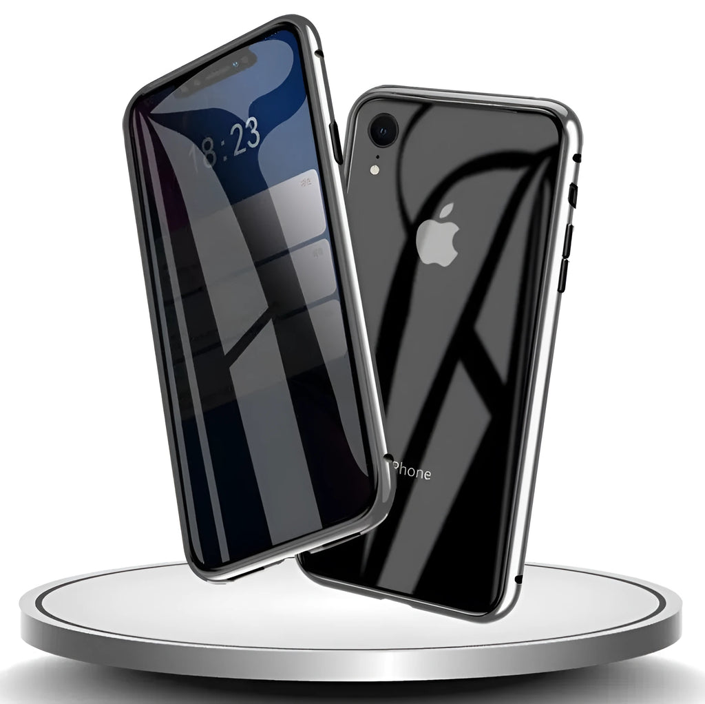 Geometric design aluminium clamshell phone case for iPhone with RFID blocking glass front in six colour options.