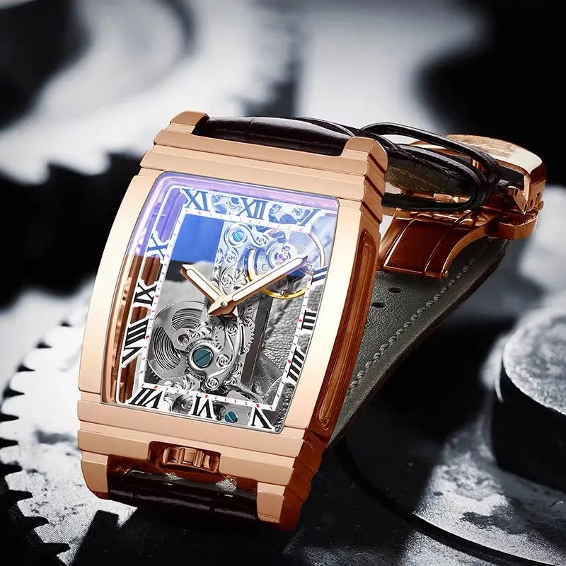 Daystar stainless steel square mechanical watch with 42mm dial and leather strap