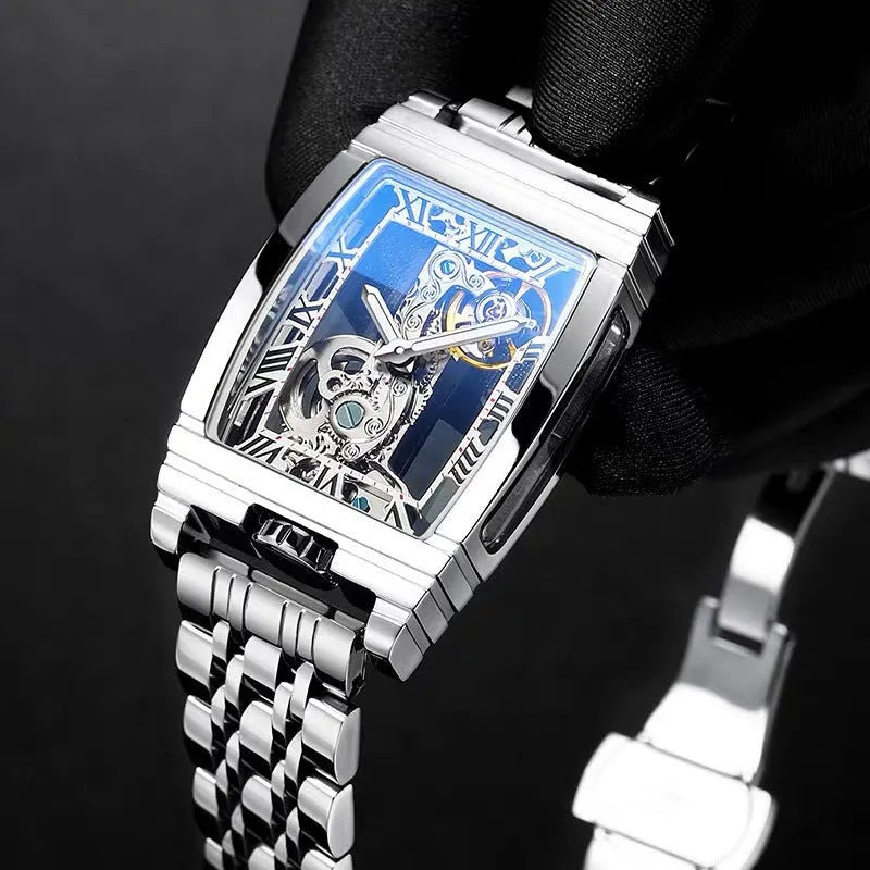 Daystar stainless steel square mechanical watch with 42mm dial and leather strap