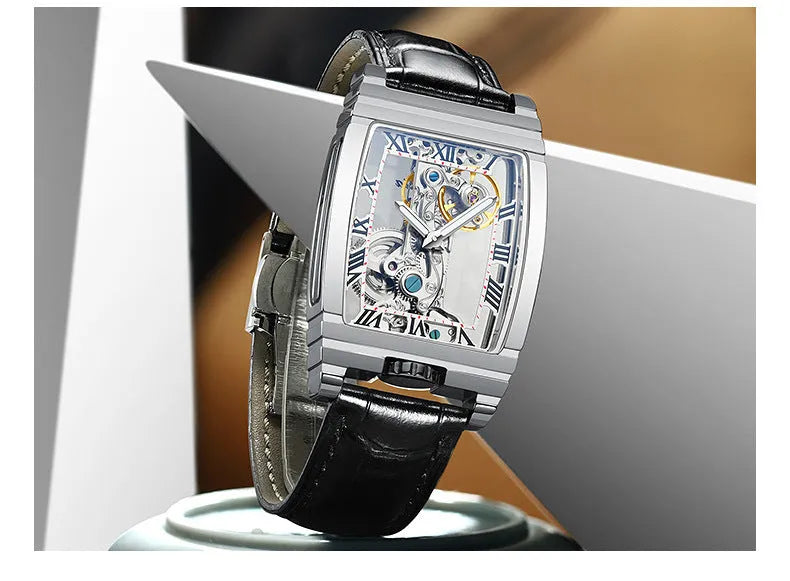 Daystar stainless steel square mechanical watch with 42mm dial and leather strap