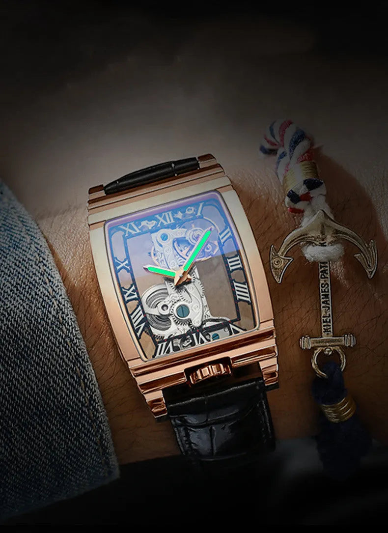 Daystar stainless steel square mechanical watch with 42mm dial and leather strap