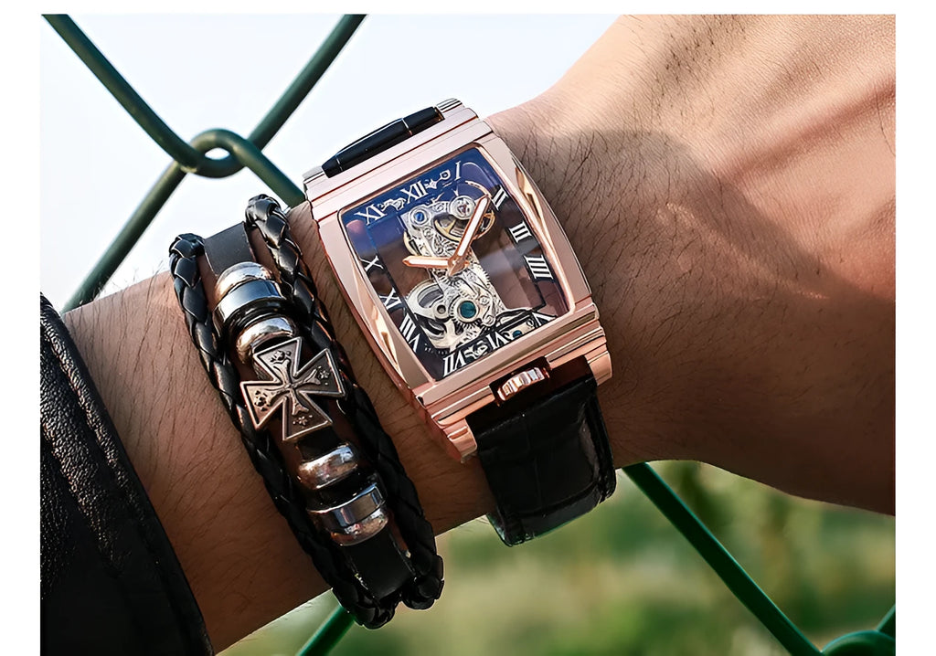Daystar stainless steel square mechanical watch with 42mm dial and leather strap