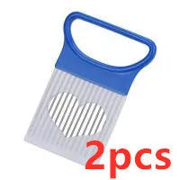 Vegetable holder cutting aid with stainless steel needle and easy-grip handle on a kitchen counter