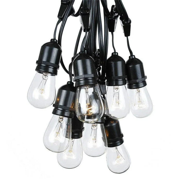 Black 15 metre long LED festoon lighting string with 15 bulbs for garden or indoor decoration.