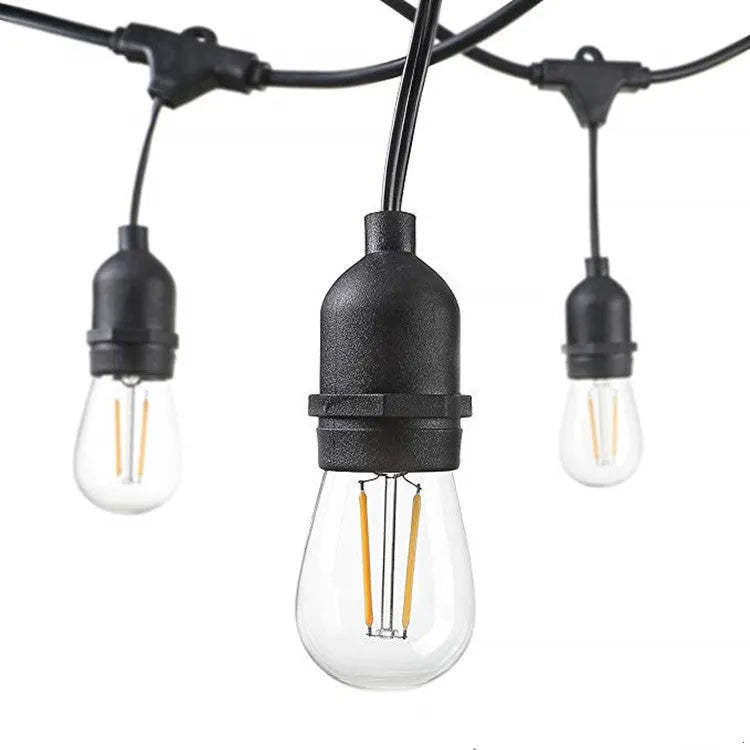 Black 15 metre long LED festoon lighting string with 15 bulbs for garden or indoor decoration.