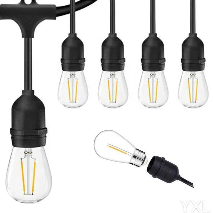 Black 15 metre long LED festoon lighting string with 15 bulbs for garden or indoor decoration.