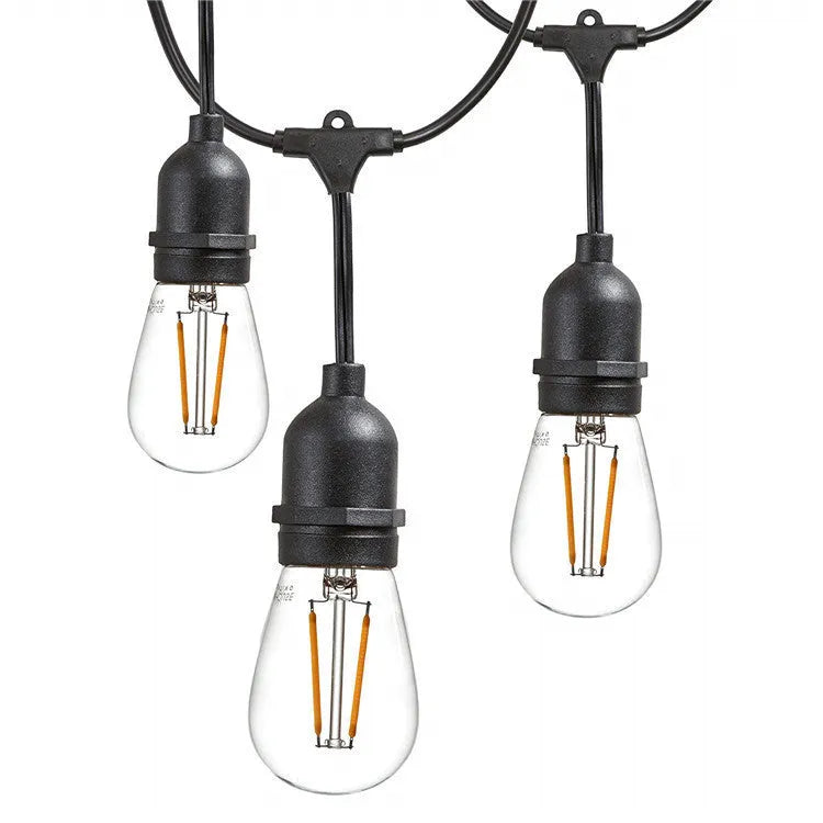 Black 15 metre long LED festoon lighting string with 15 bulbs for garden or indoor decoration.