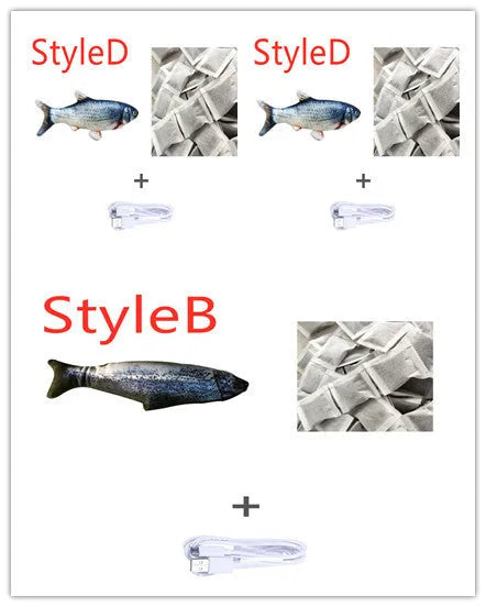 Multicolour 30cm long electronic jumping fish cat toy with USB cable.