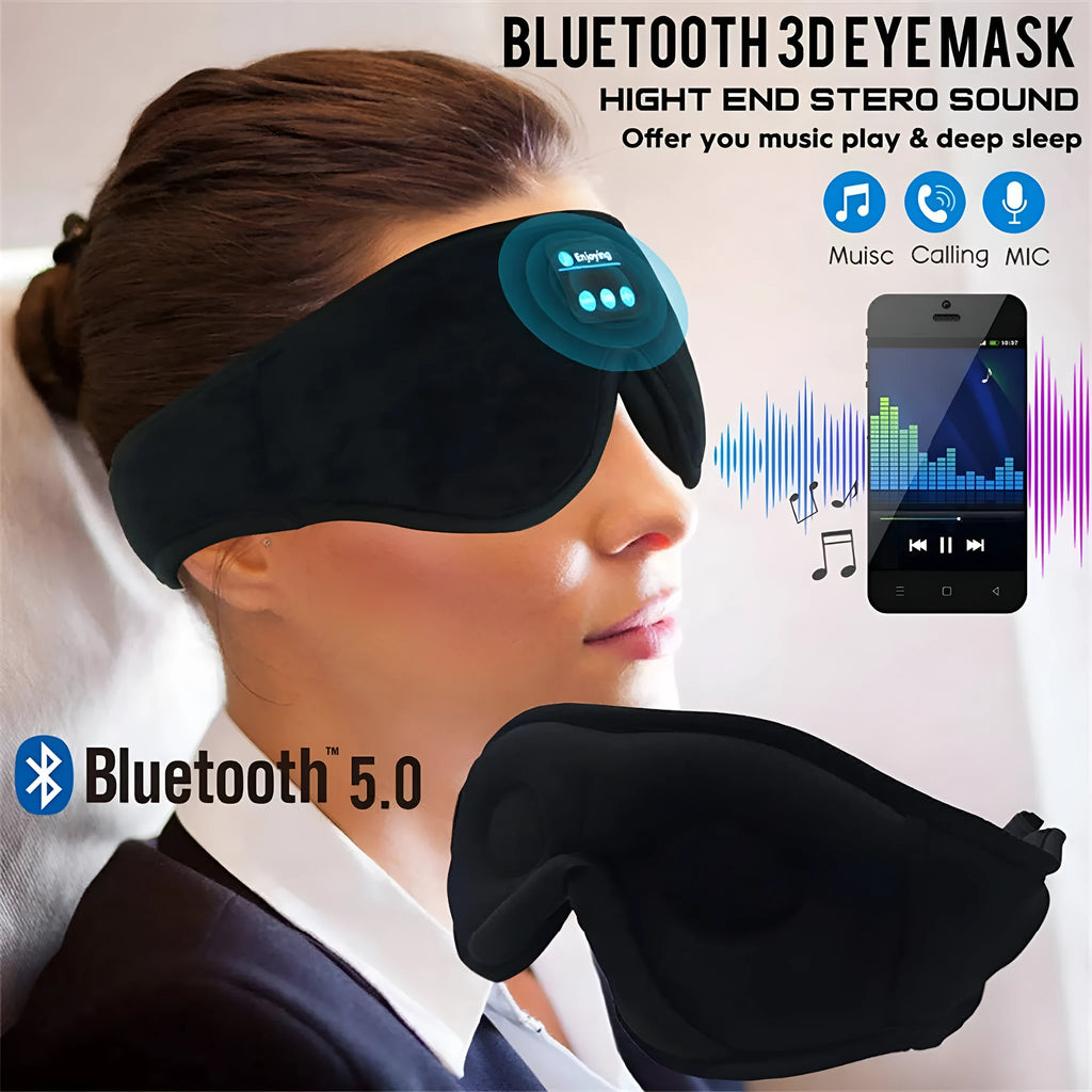 Wireless Bluetooth Sleep Eye Mask with Stereo Music and Call Function Blackout Design for Sleeping Travel and Relaxation Super Soft Fabric 10m Range 15-Hour Talk Time Rechargeable 150mAh Battery Black Dark Blue