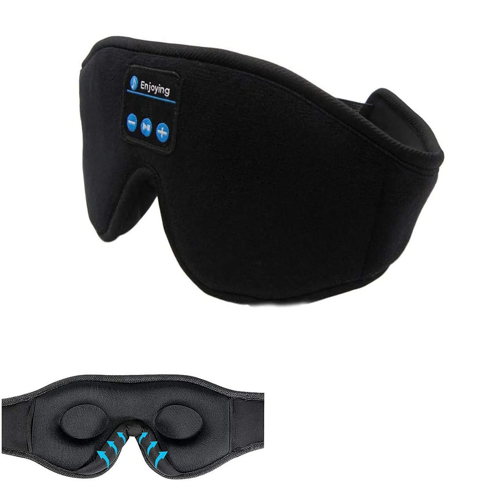 Wireless Bluetooth Sleep Eye Mask with Stereo Music and Call Function Blackout Design for Sleeping Travel and Relaxation Super Soft Fabric 10m Range 15-Hour Talk Time Rechargeable 150mAh Battery Black Dark Blue