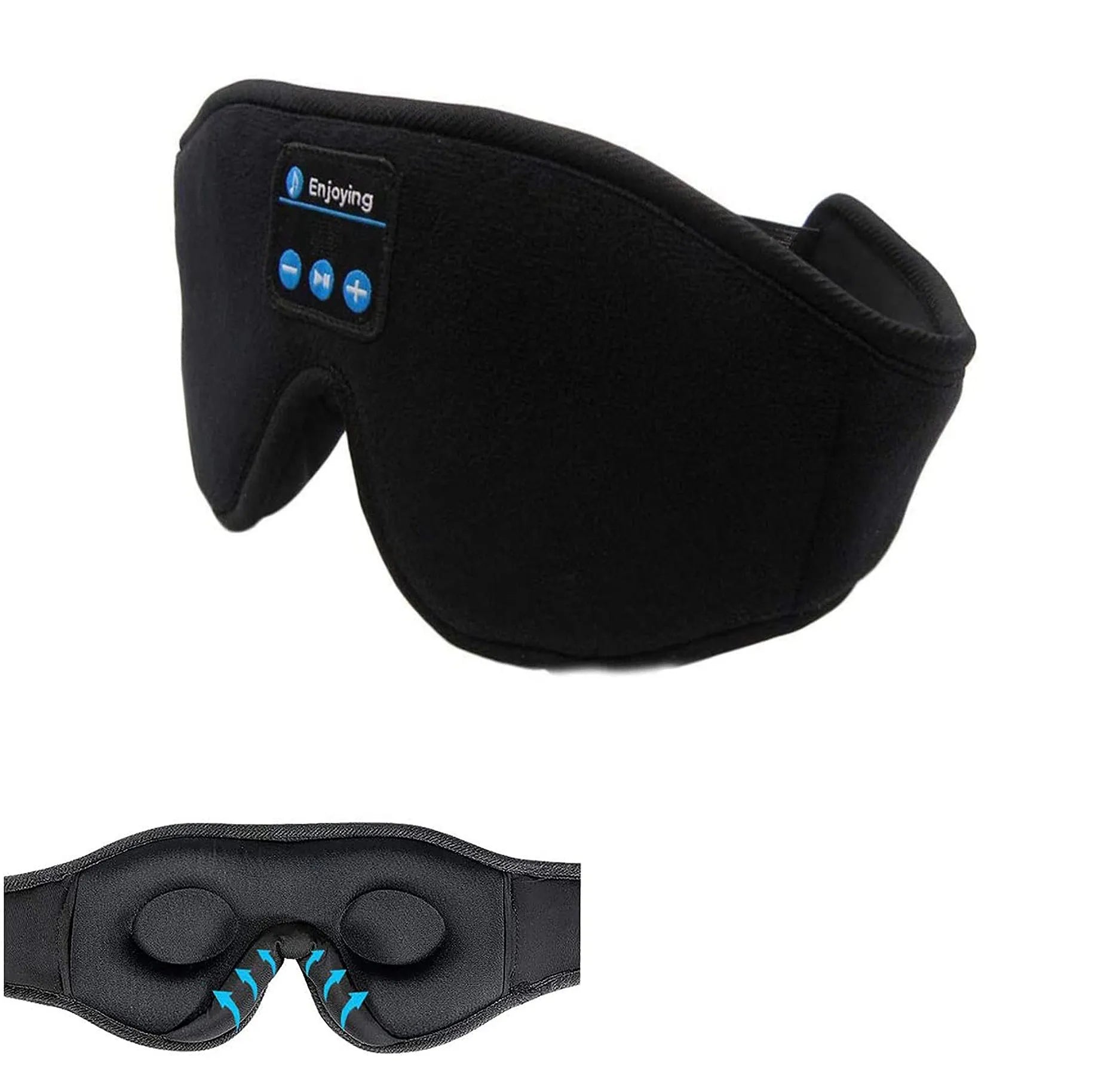 Wireless Bluetooth Sleep Eye Mask with Stereo Music and Call Function Blackout Design for Sleeping Travel and Relaxation Super Soft Fabric 10m Range 15-Hour Talk Time Rechargeable 150mAh Battery Black Dark Blue