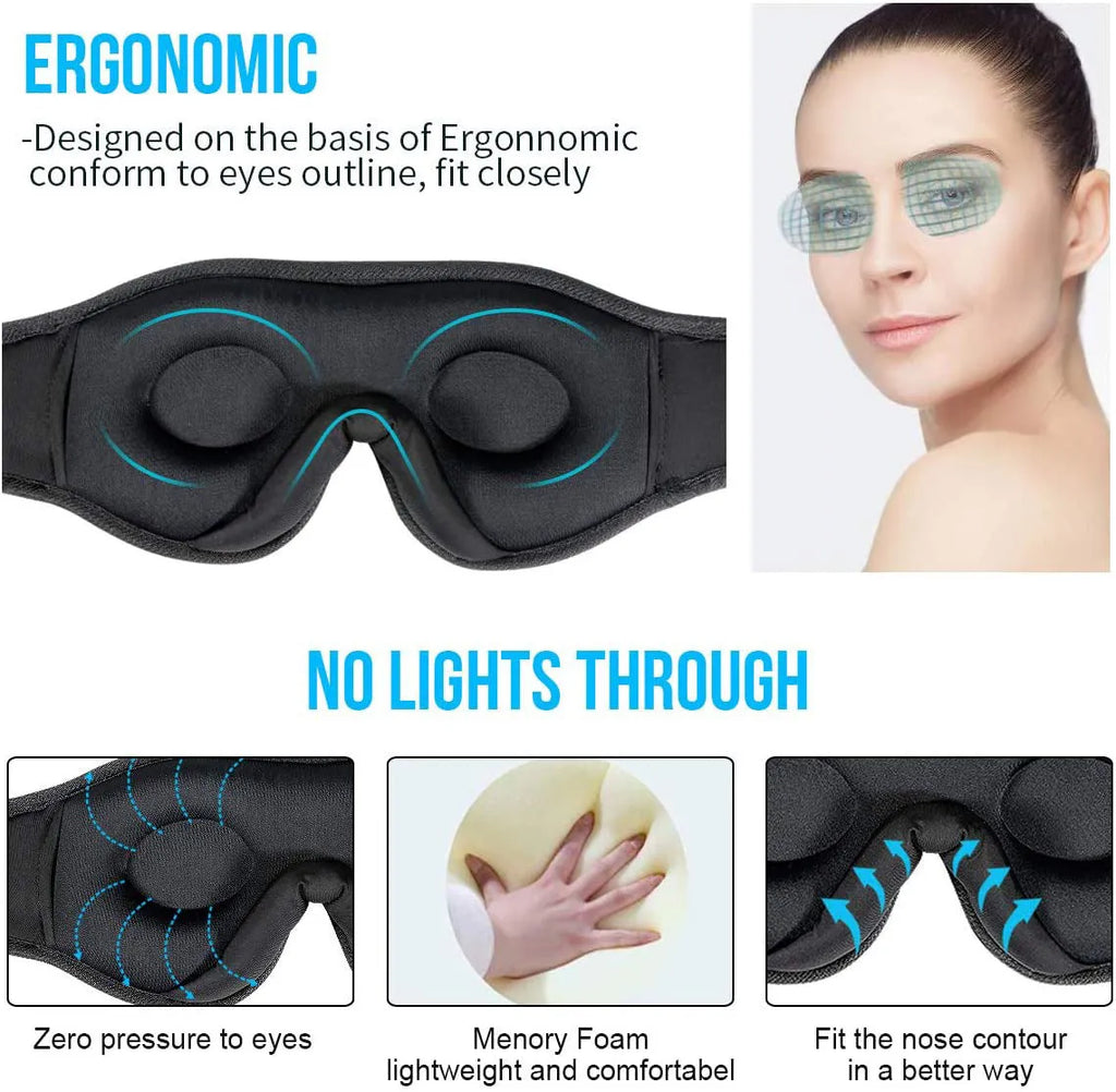 Wireless Bluetooth Sleep Eye Mask with Stereo Music and Call Function Blackout Design for Sleeping Travel and Relaxation Super Soft Fabric 10m Range 15-Hour Talk Time Rechargeable 150mAh Battery Black Dark Blue