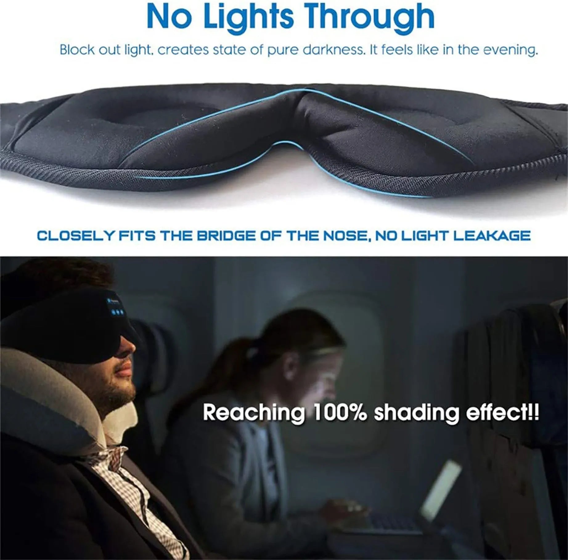 Wireless Bluetooth Sleep Eye Mask with Stereo Music and Call Function Blackout Design for Sleeping Travel and Relaxation Super Soft Fabric 10m Range 15-Hour Talk Time Rechargeable 150mAh Battery Black Dark Blue