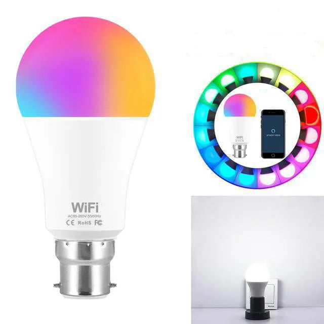 15W WiFi smart LED light bulb with RGB colour changing for E27 and B22 screw fittings