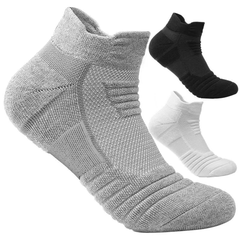 Men's cotton blend sports socks in black, grey, and white with plus size options