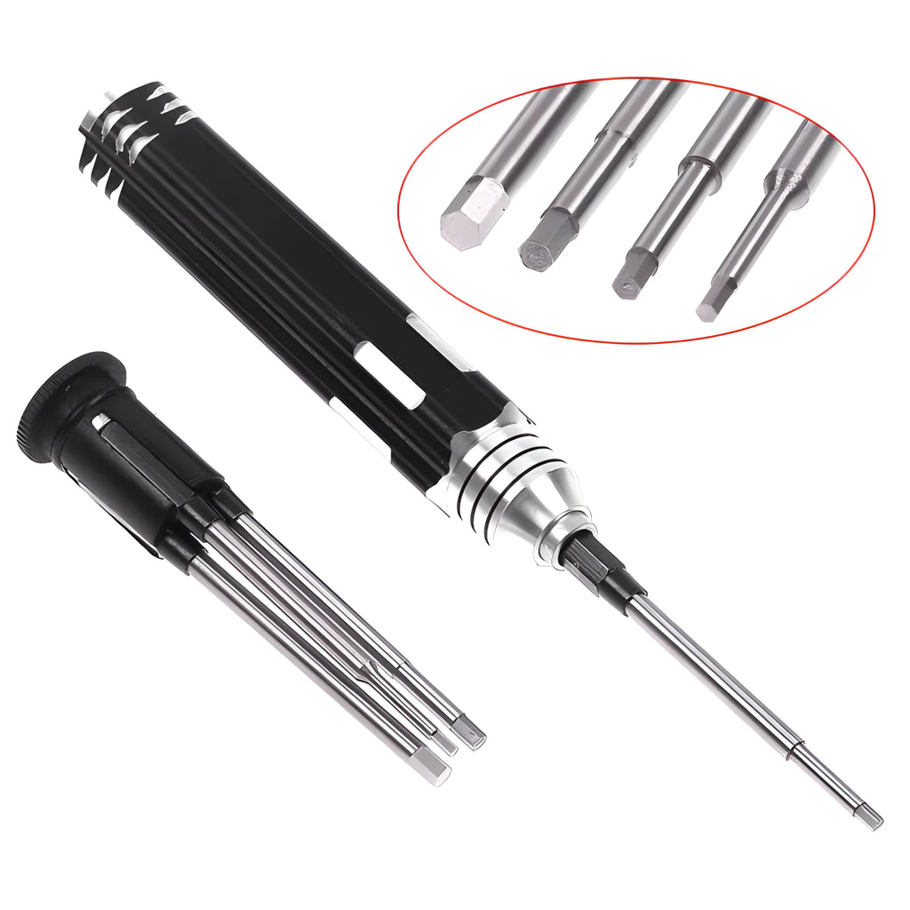 Black four-piece aeromodelling hexagon socket screwdriver set with 1.5mm, 2.0mm, 2.5mm, and 3.0mm drivers.