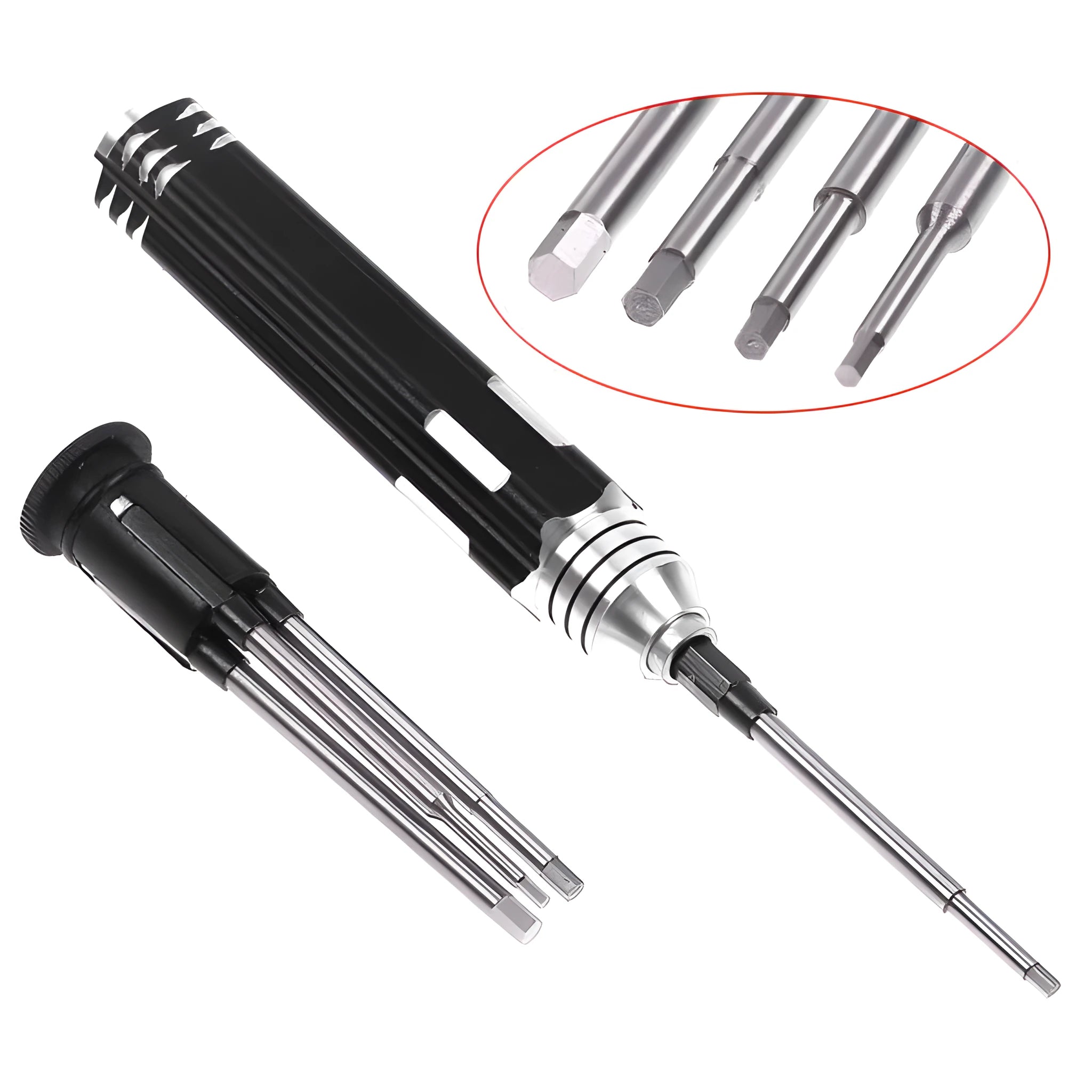 Black four-piece aeromodelling hexagon socket screwdriver set with 1.5mm, 2.0mm, 2.5mm, and 3.0mm drivers.