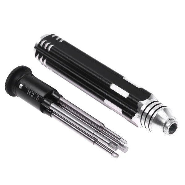Black four-piece aeromodelling hexagon socket screwdriver set with 1.5mm, 2.0mm, 2.5mm, and 3.0mm drivers.