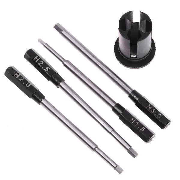 Black four-piece aeromodelling hexagon socket screwdriver set with 1.5mm, 2.0mm, 2.5mm, and 3.0mm drivers.