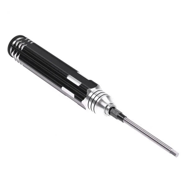 Black four-piece aeromodelling hexagon socket screwdriver set with 1.5mm, 2.0mm, 2.5mm, and 3.0mm drivers.