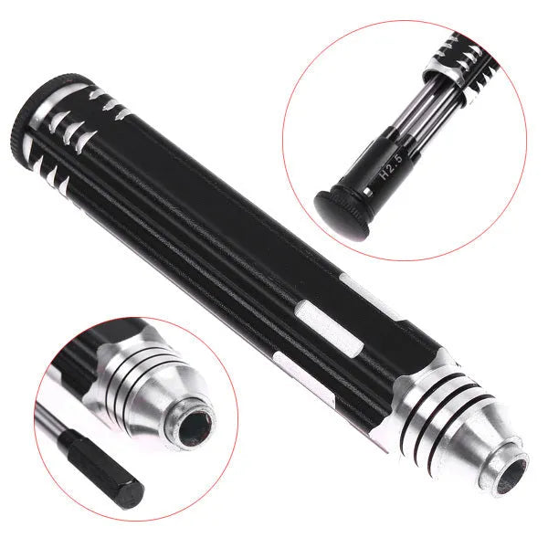 Black four-piece aeromodelling hexagon socket screwdriver set with 1.5mm, 2.0mm, 2.5mm, and 3.0mm drivers.