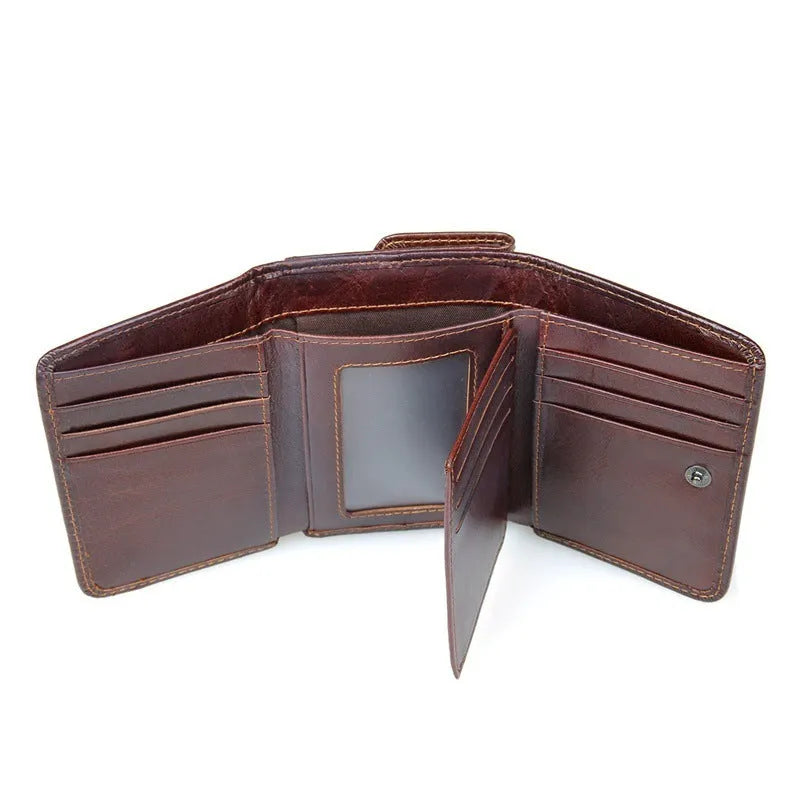 Men's short retro leather wallet in brown with RFID shielding lining and car suture detailing