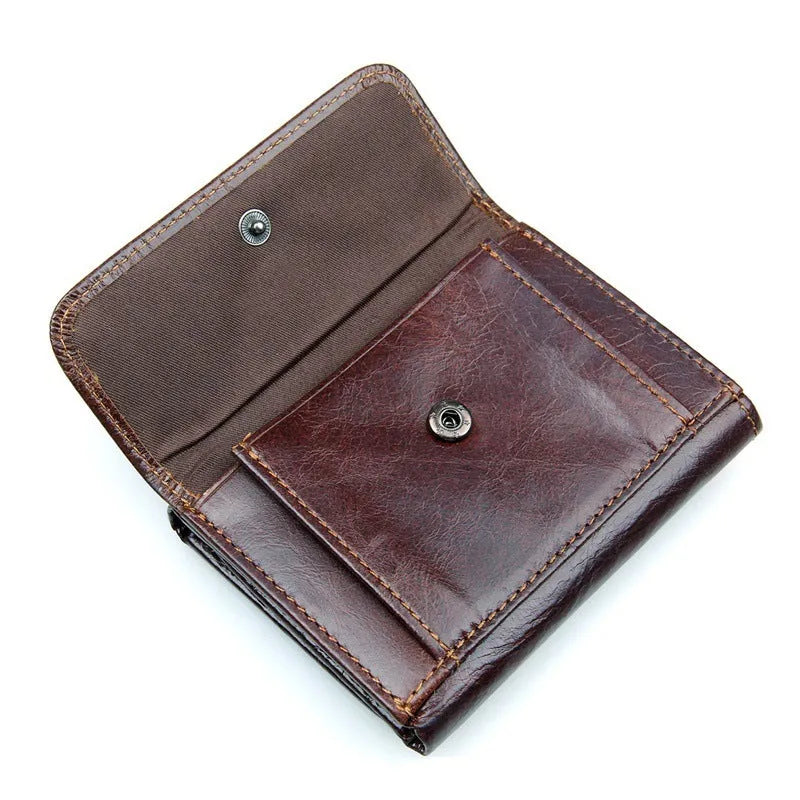 Men's short retro leather wallet in brown with RFID shielding lining and car suture detailing