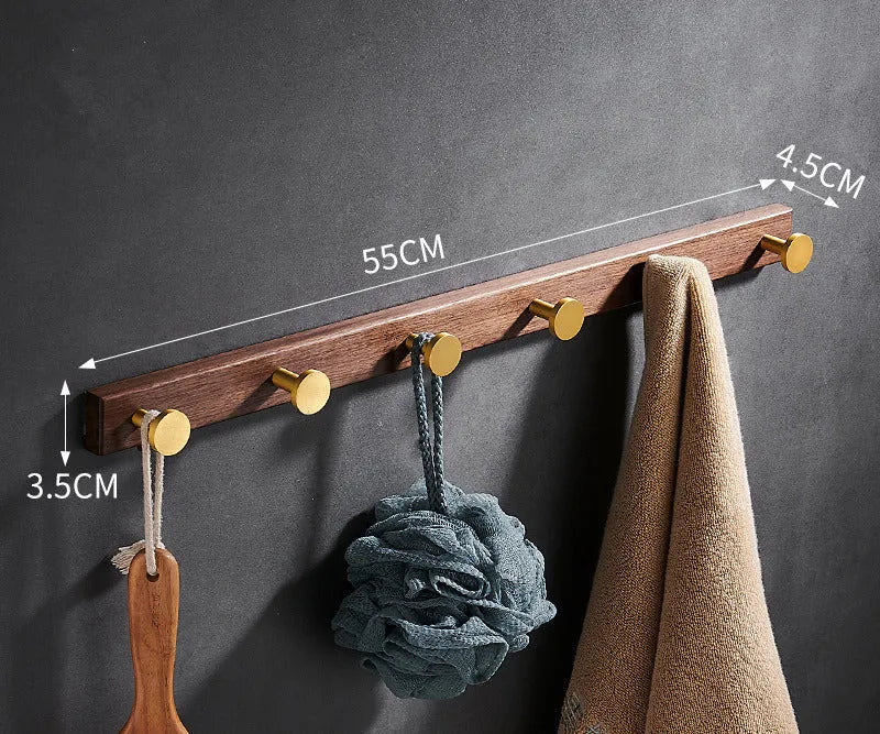 Black walnut bathroom clothes hooks with brass wire drawing finish in multiple hook configurations