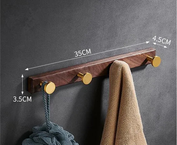 Black walnut bathroom clothes hooks with brass wire drawing finish in multiple hook configurations