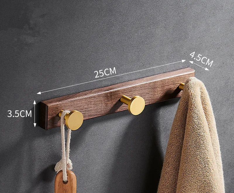 Black walnut bathroom clothes hooks with brass wire drawing finish in multiple hook configurations