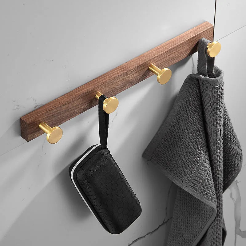 Black walnut bathroom clothes hooks with brass wire drawing finish in multiple hook configurations