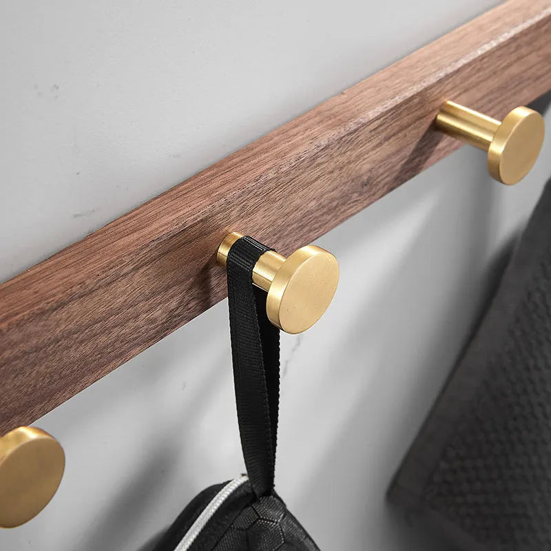 Black walnut bathroom clothes hooks with brass wire drawing finish in multiple hook configurations