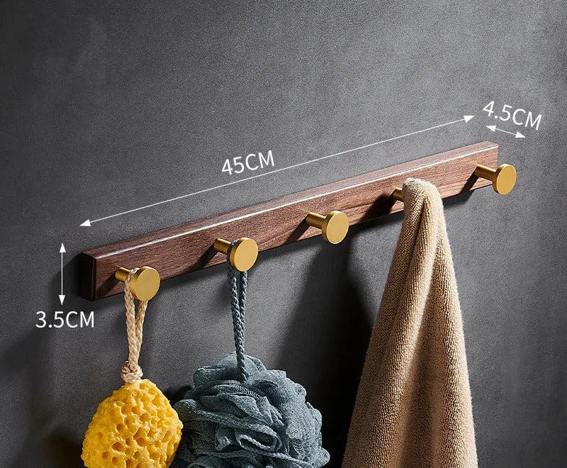 Black walnut bathroom clothes hooks with brass wire drawing finish in multiple hook configurations