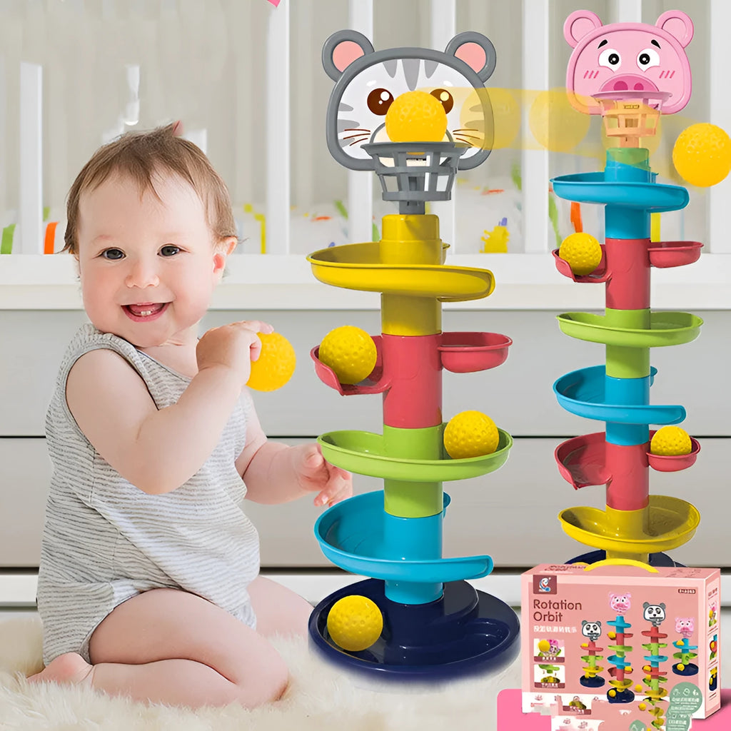 Rolling ball pile tower puzzle with spin tracks and rattles in plastic colour box 31.5x7x24cm